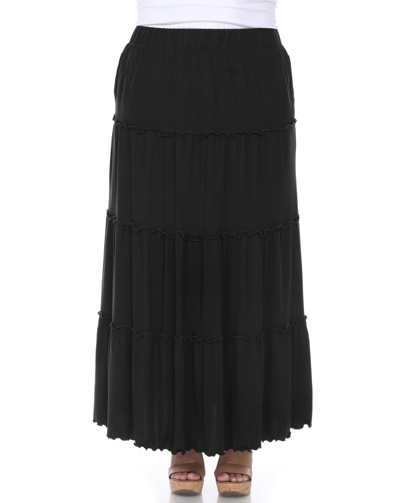 Front of a model wearing a size 3X Tiered Maxi Skirt in Black by White Mark. | dia_product_style_image_id:249335
